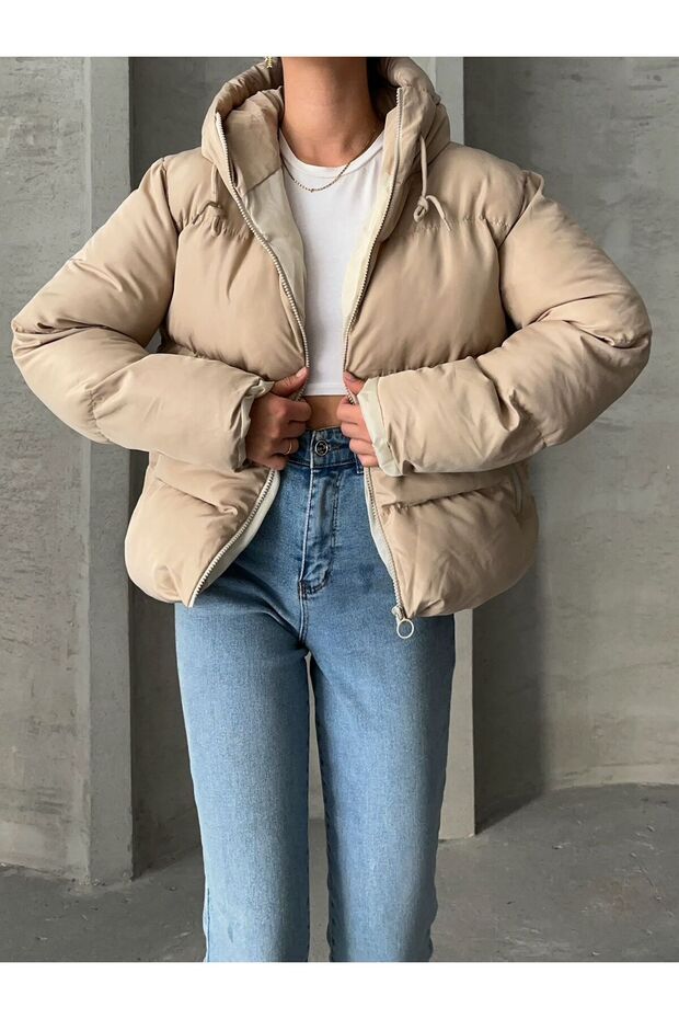 KADIN KREM KAPÜŞONLU MONT - 4