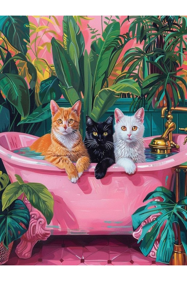 Lina Collection Nature Themed Pink Bathtub with Three Different Cat Patterns Woven Base Decorative Carpet Lina45