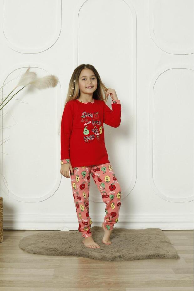 New Season 100% Cotton Girl's Waiter Long Sleeve Fruit Figured Combed Cotton Pajamas Set 6072