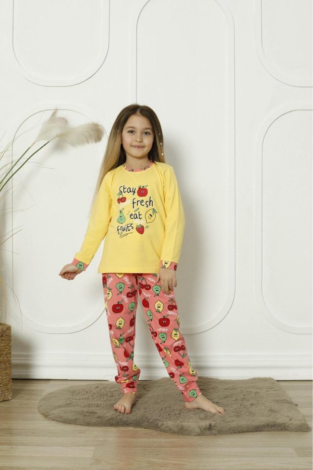 New Season 100% Cotton Girl's Waiter Long Sleeve Fruit Figured Combed Cotton Pajamas Set 6072