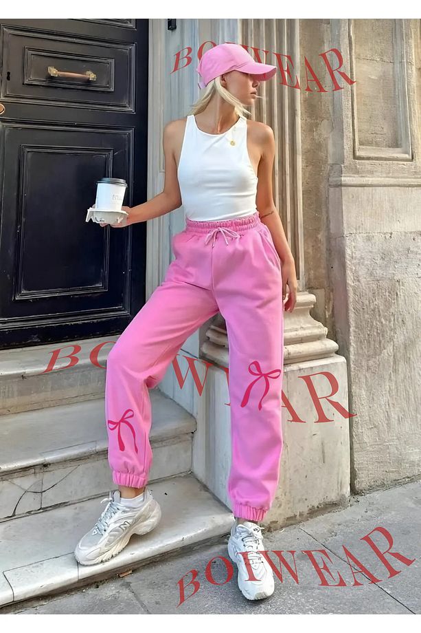 Oversize Kışlık Eşofman Altı Jogger Şardonlu 3 Iplik- Yüksek Bel Lastik Paça Pembe Fiyonk - 1