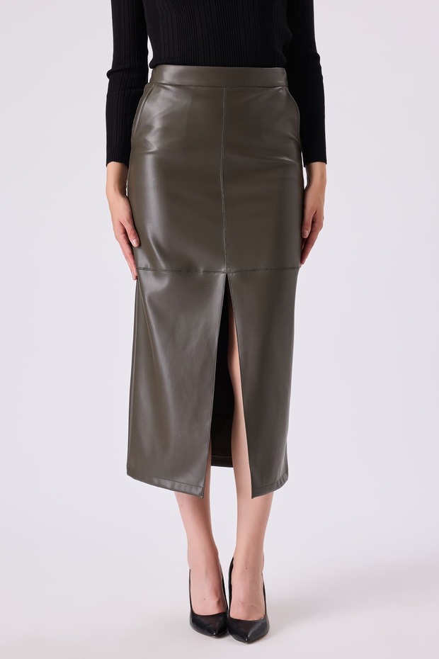Yırtmaç detaylı deri etek - 2