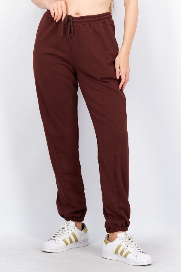 بنطلون رياضي سادة برباط للنساء، بني غامق - 1