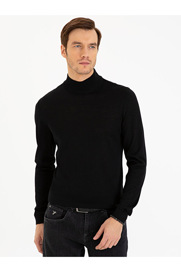 Black Slim Fit Half Fisherman Basic Knitwear Sweater 50229754-Vr046