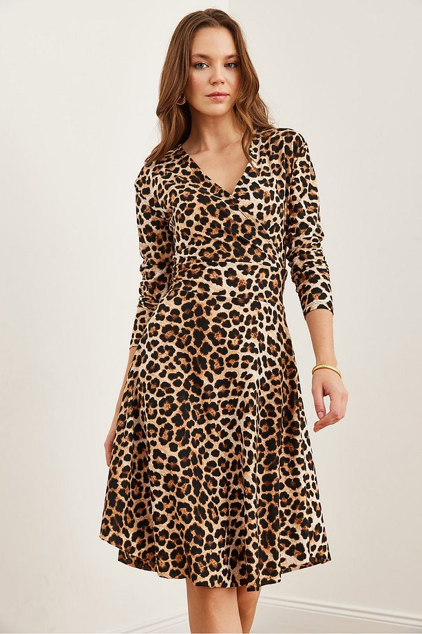 Kadın Leopar Taş Çiçekli Kruvaze Örme Elbise ELB-19000962 - 5