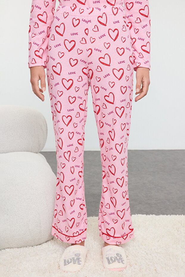 Pembe-Çok Renkli %100 Pamuklu Kalpli Biye Detaylı Örme Pijama Takımı THMAW25PT00191 - 5