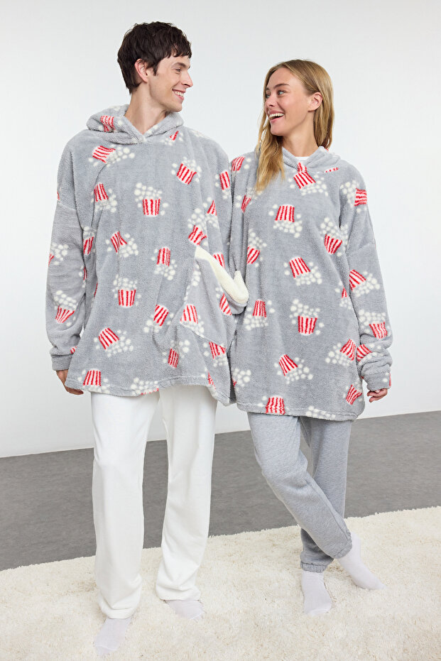 Unisex Couple/Çift Gri Baskılı Wellsoft Kışlık Örme Sabahlık THMAW25SB00014 - 2