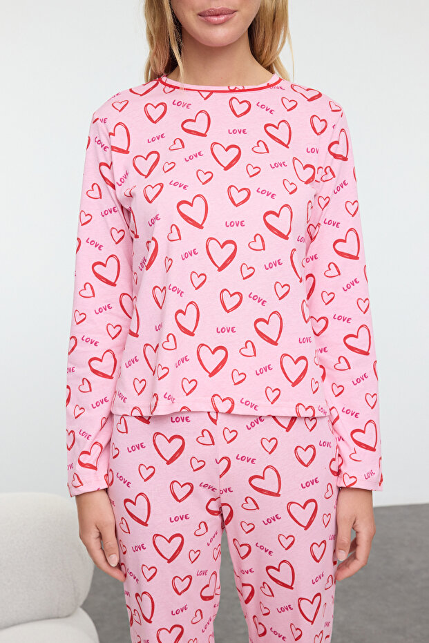 Pembe-Çok Renkli %100 Pamuklu Kalpli Biye Detaylı Örme Pijama Takımı THMAW25PT00191 - 4
