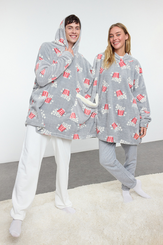 Unisex Couple/Çift Gri Baskılı Wellsoft Kışlık Örme Sabahlık THMAW25SB00014 - 1