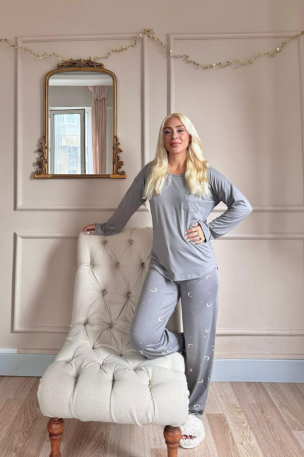 Antrasit Ay Yıldız Desenli Bambu Uzun Kol Kadın Pijama Takımı - 7