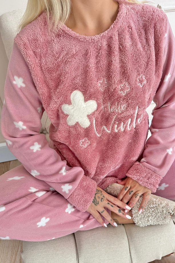 Pembe Hello Winter Desenli Kadın Peluş Pijama Takımı - 6