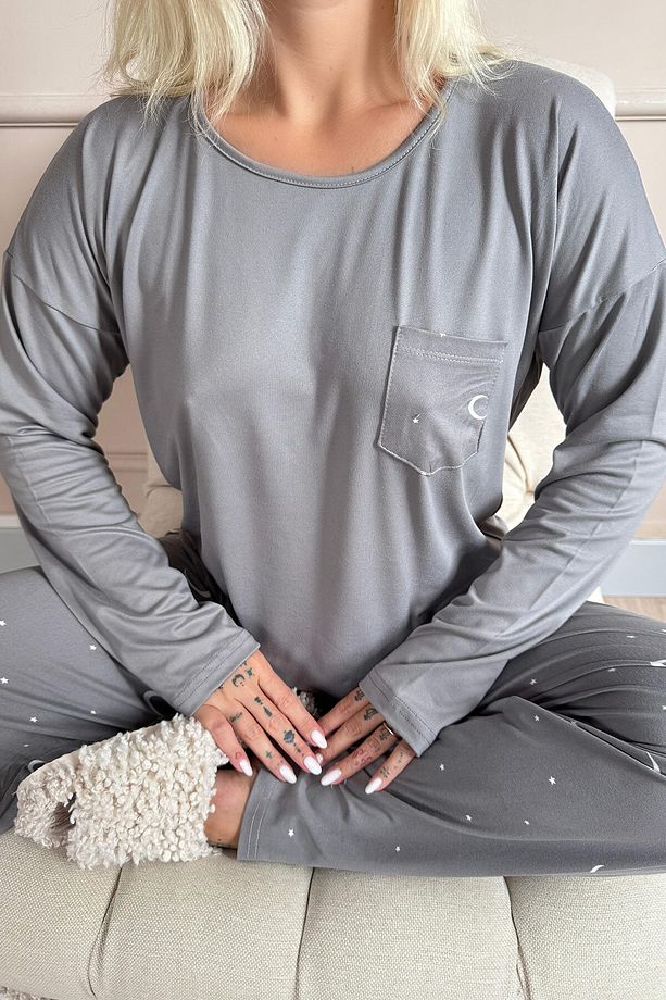 Antrasit Ay Yıldız Desenli Bambu Uzun Kol Kadın Pijama Takımı - 6