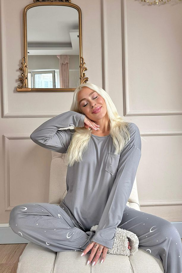 Antrasit Ay Yıldız Desenli Bambu Uzun Kol Kadın Pijama Takımı - 5
