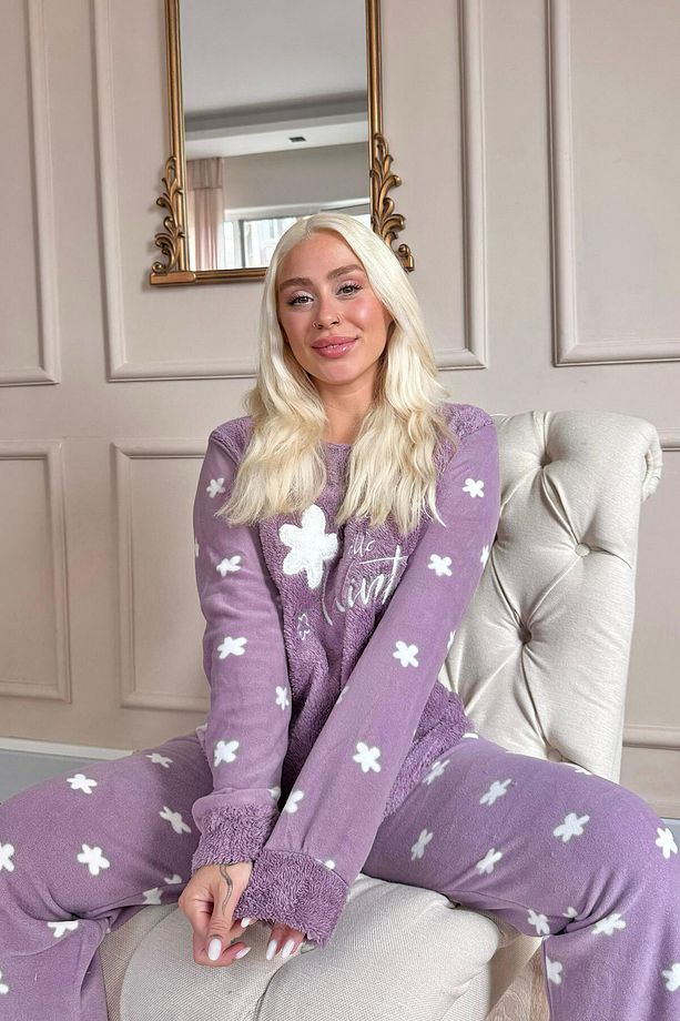 Mor Hello Winter Desenli Kadın Peluş Pijama Takımı - 4