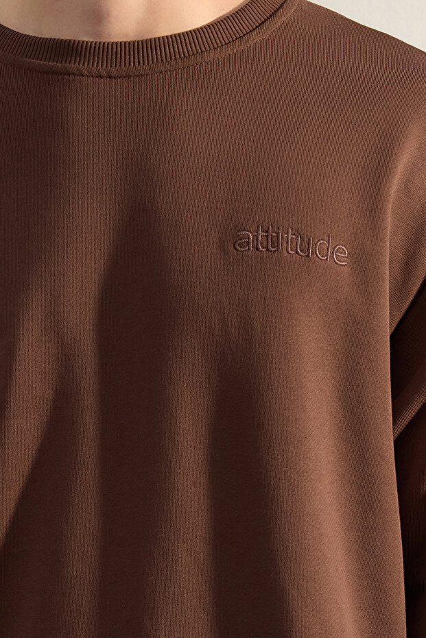Koyu Kahverengi Bisiklet Yaka Oversize/Geniş Kesim Yazı Diagonal Sweatshirt TMNAW24SW00039 - 3