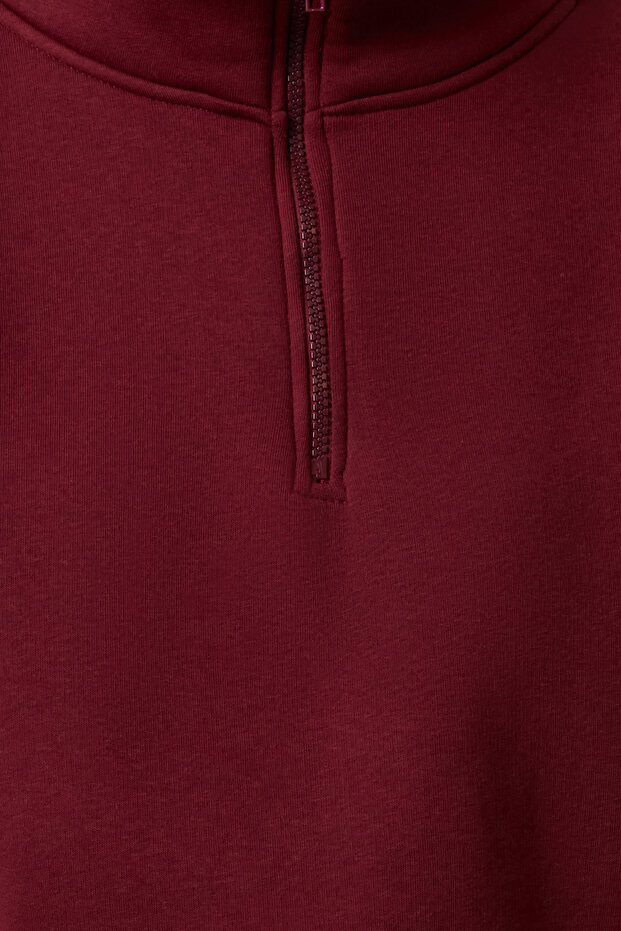 Bordo Rahat Kesim Crop Fermuarlı Dik Yaka Kalın İçi Polarlı Örme Sweatshirt TWOAW24SW00221 - 3