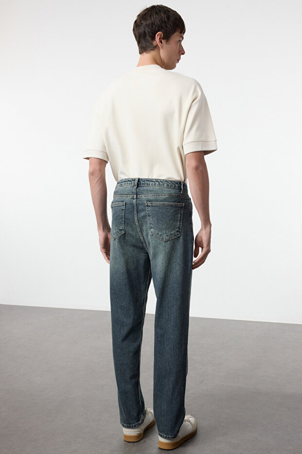 Lacivert Eskitme Efectli Baggy/90's Straight Fit Jeans Bol Kot Pantolon TMNSS24JE00012 - 5
