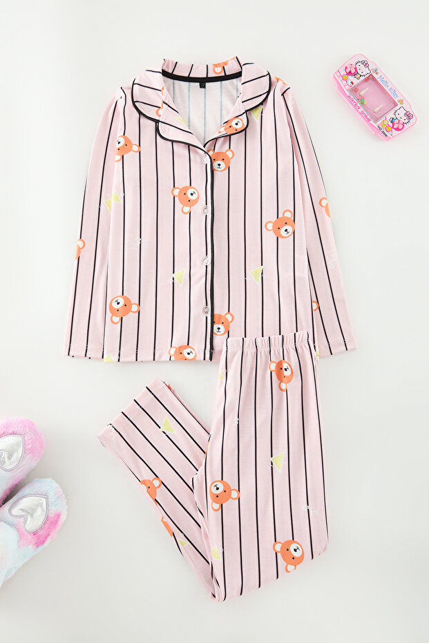 Pudra Yumuşak Dokulu Kız Çocuk Baskılı Örme Pijama Takım TKDAW25AU00126 - 3