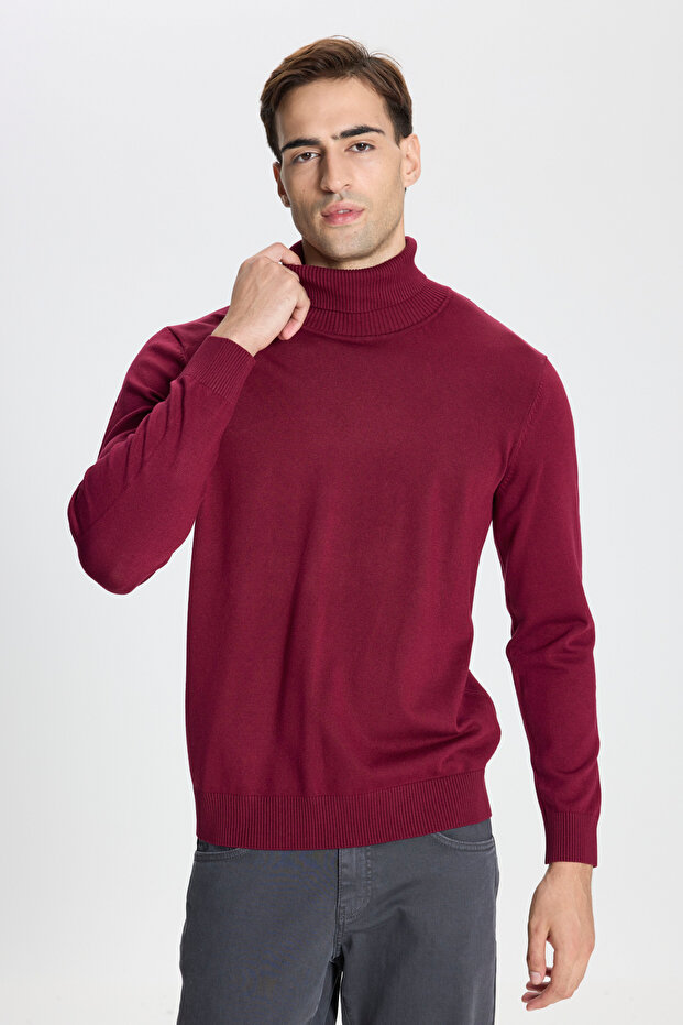 Erkek Bordo Standart Fit Normal Kesim Tam Balıkçı Yaka Triko Kazak - 1