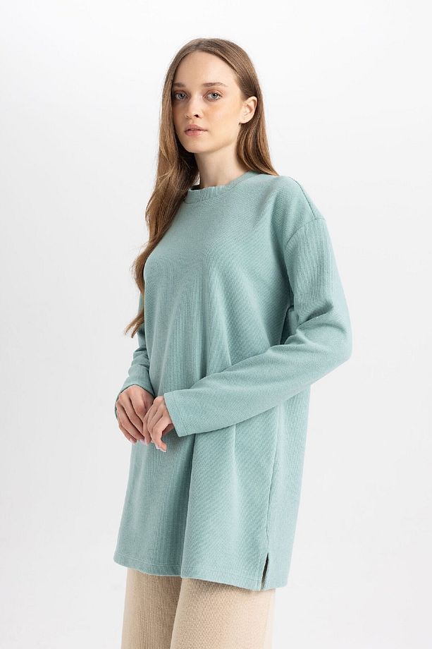 Regular Fit Bisiklet Yaka Selanik Kumaş Uzun Kollu Basic Düz Tişört Tunik B3552ax24au - 4