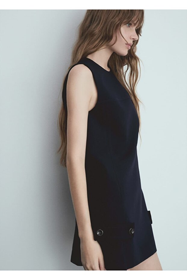 Dekoratif Düğmeli Kısa Elbise - 1