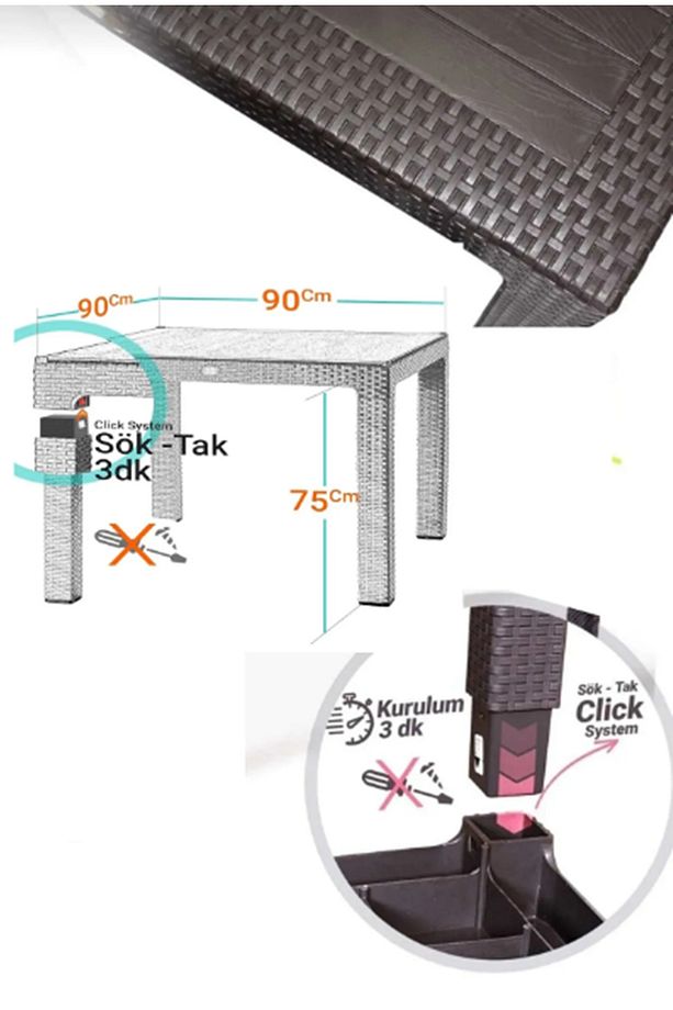 90x90 Rattan Camlı Masa Balkon Bahçe Teras Masası Kare Rattan Masa - 3