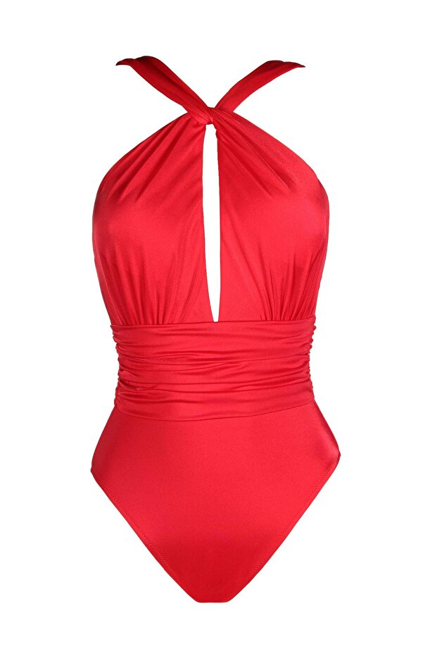 Women's Ruched Detail Wine Red Swimsuit