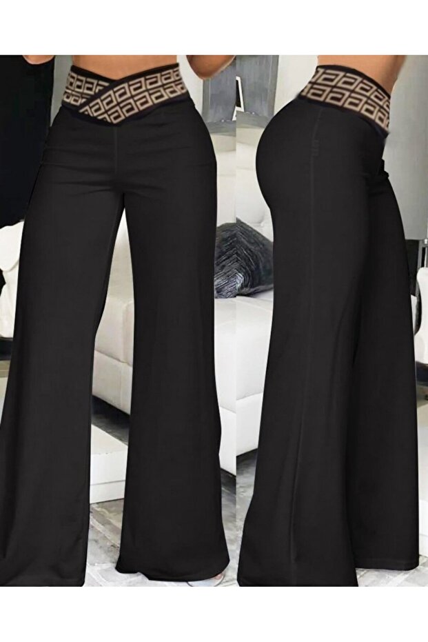 Kadın Belde Kruvaze Ve Ribana Detay Ispanyol Paça Ithal Krep Pantolon - 1