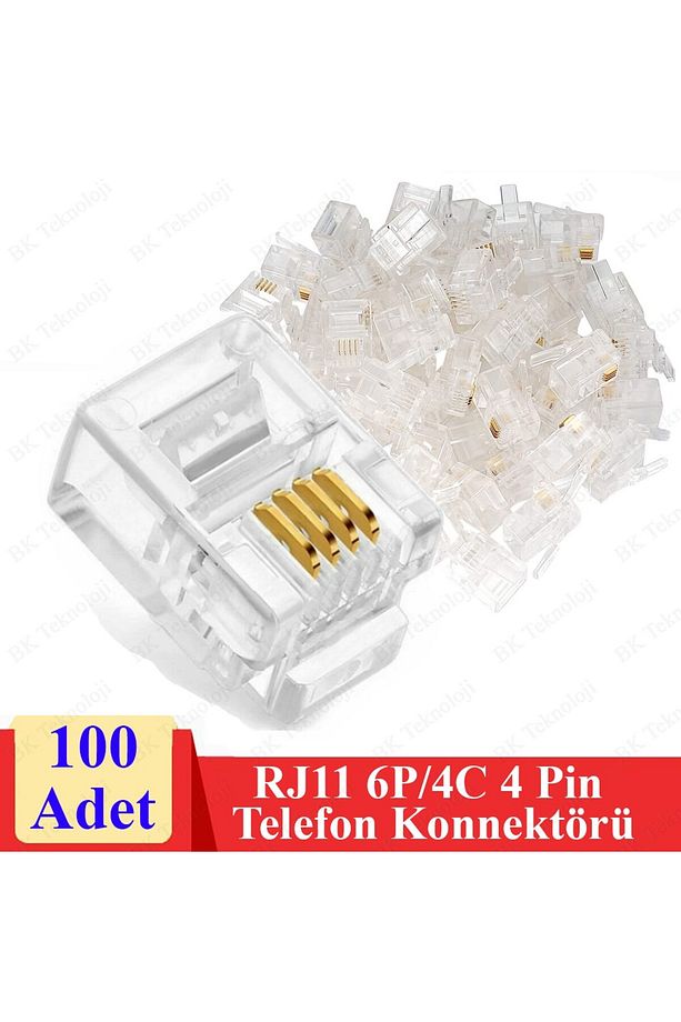 Rj11 4pin Jak 6p4c Telefon Kablosu Için Konnektör 4 Pinli Plug Altın Kaplama 4 Çekirdek ( 100 Adet ) - 1