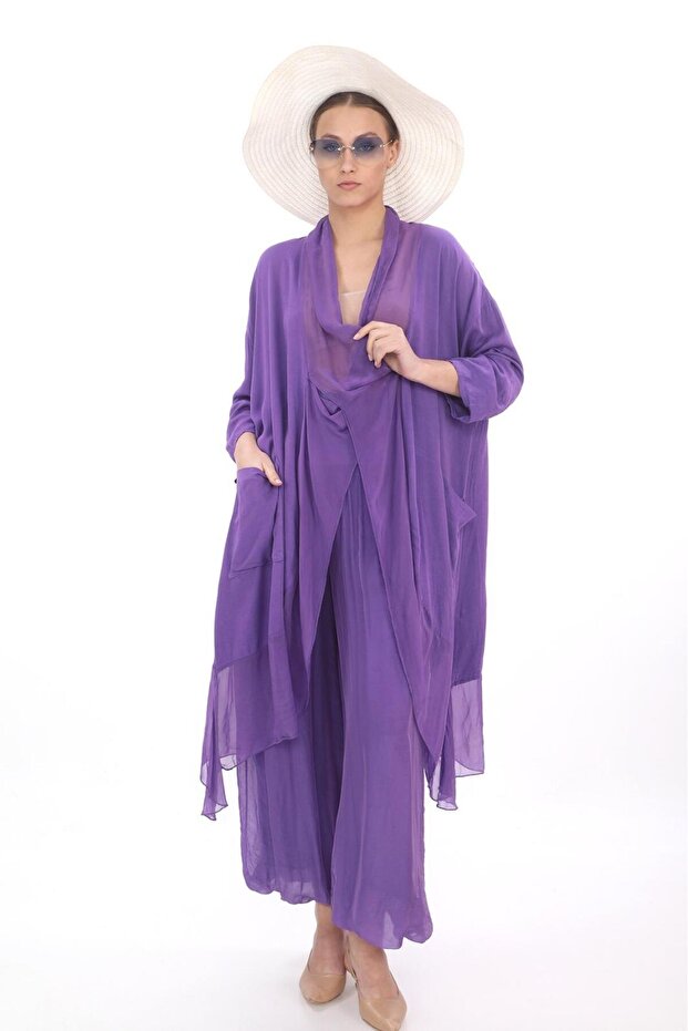 Italian Silk Detail Oversized Jacket Blouse - Wes Pants Set
