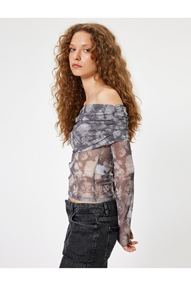 Transparent Bluz Open Shoulder Madonna Collar Long Sleeve Floral Patterned