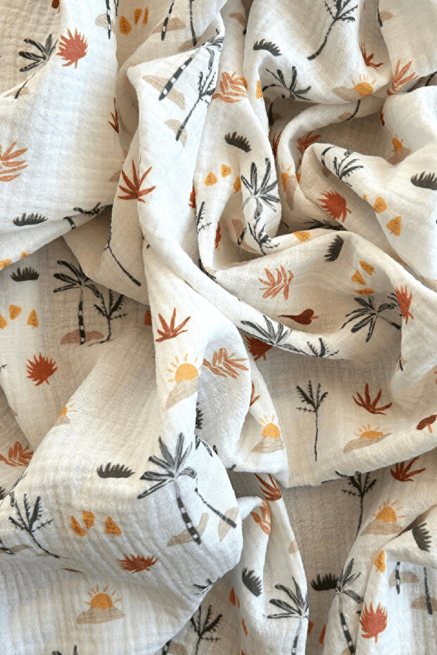 Palm Tree Patterned Double Layer Cotton Muslin Fabric / Dry 141 - 1