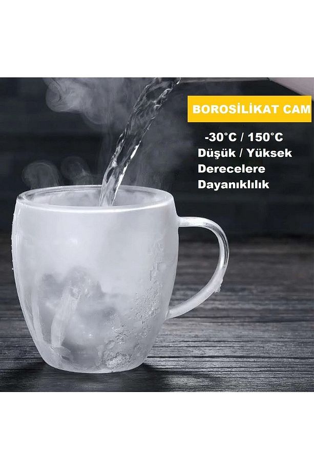 Çift Camlı Cidarlı Cam Kupa 250ml Ev Ofis Fincanı Çift Katlı Isı Yalıtımlı Kulplu Cam Bardak 2li Set - 6