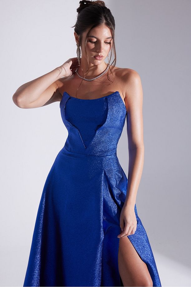 ALEX Saks Jakar Yırtmaçlı Straplez Gece Elbisesi - 4