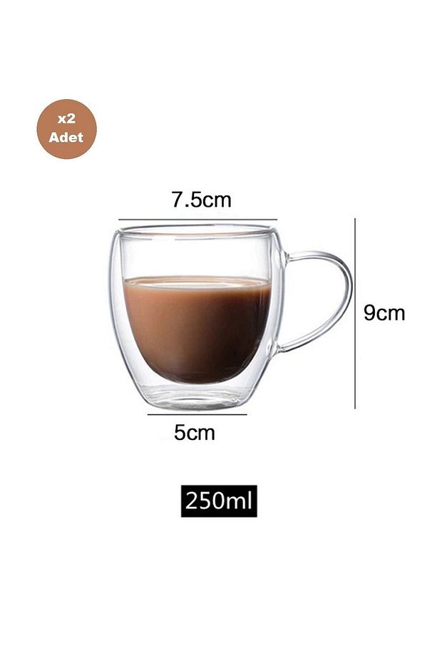Çift Camlı Cidarlı Cam Kupa 250ml Ev Ofis Fincanı Çift Katlı Isı Yalıtımlı Kulplu Cam Bardak 2li Set - 5