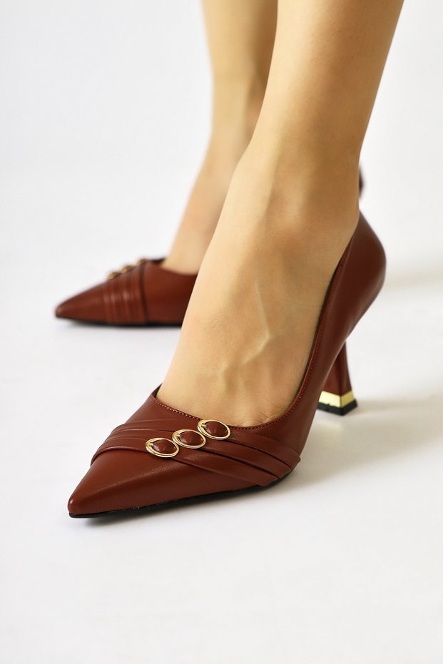 Lavina Burgundy Banded Gold Heel Detailed Pointed Toe Stiletto, Women's High Heels