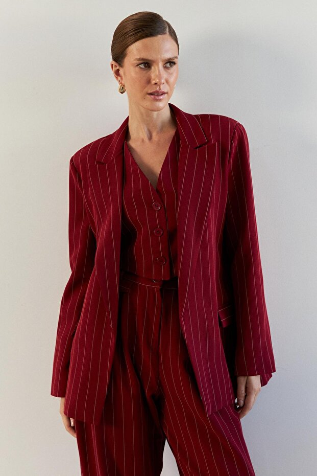 Oversize Striped Claret Red Women's Blazer Jacket