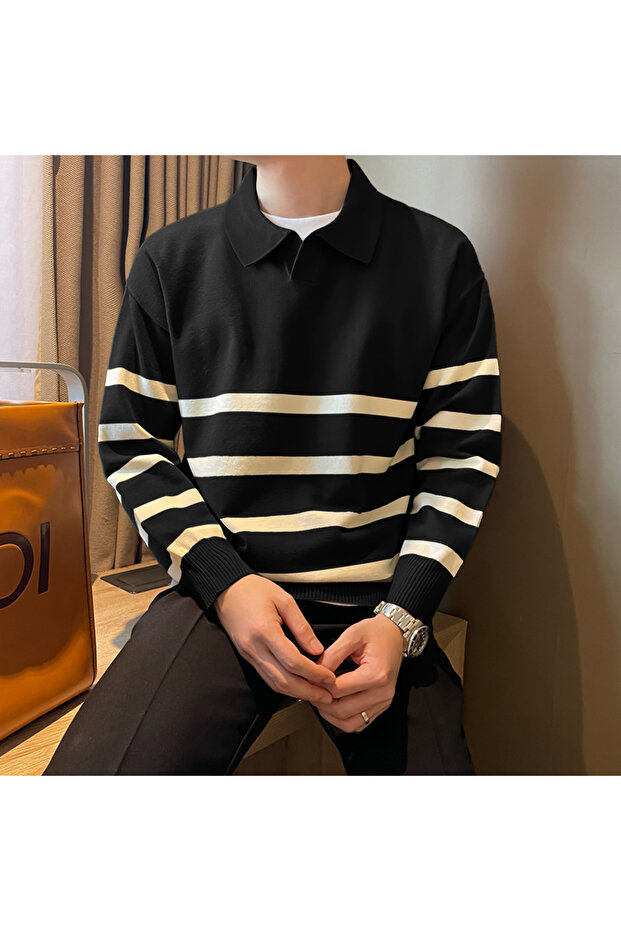 Black Men's Polo Neck Striped Cool Style Knitwear Sweater