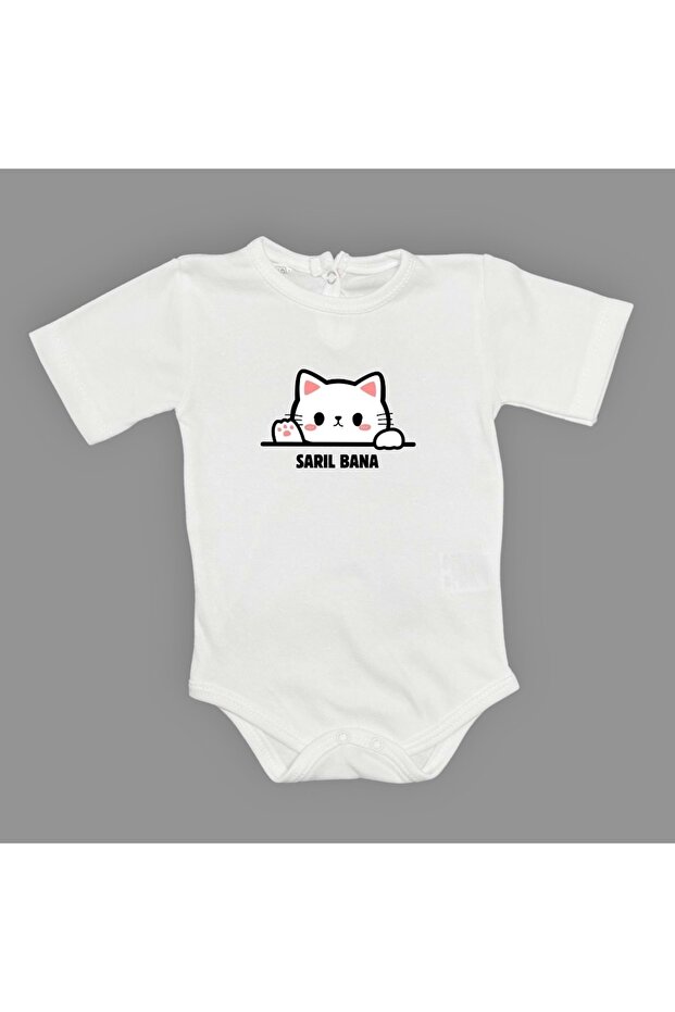Cuddle Me Cat Printed Baby Bodysuit with Snap Fasteners White