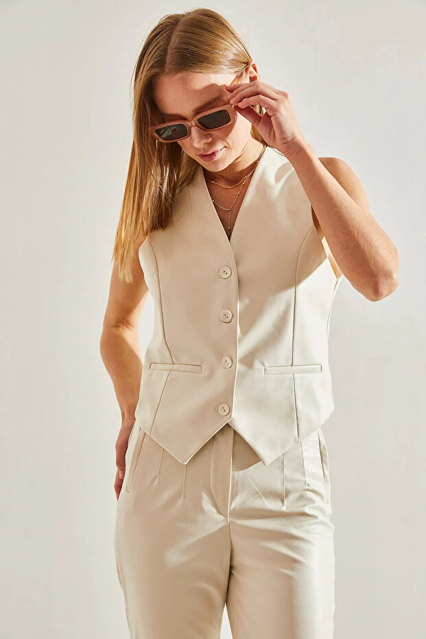 DERİ YELEK EKRU - 2