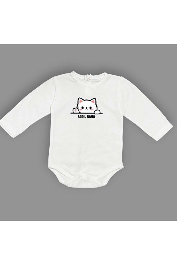 Ecru Hug Me Cat Printed Baby Bodysuit - Bodysuit with Snap Fasteners