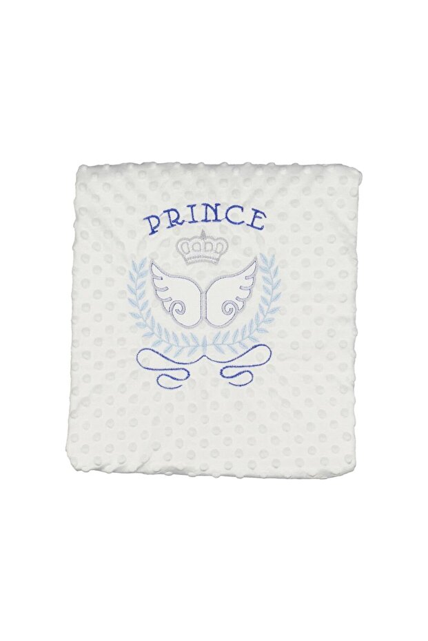 Baby Boy Ecru Blue Prince Embroidered Chickpea Blanket 80X90