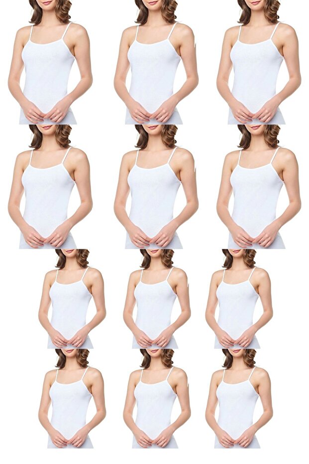 Women's White Cotton Tank Tops with String Straps, Set of 12