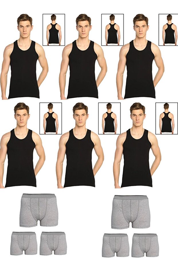 Men's Cotton 6-Piece Black Athlete Undershirt and 6-Piece Gray Boxer 12 Piece Set