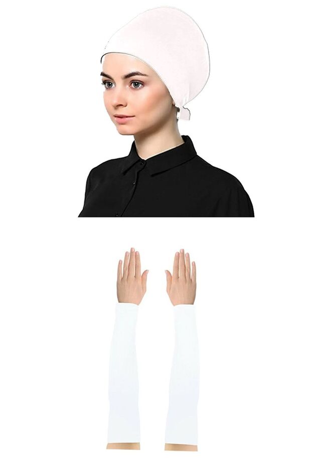 Women's Jersey Plain Prayer Bonnet with Sleeves, White, Set of 2