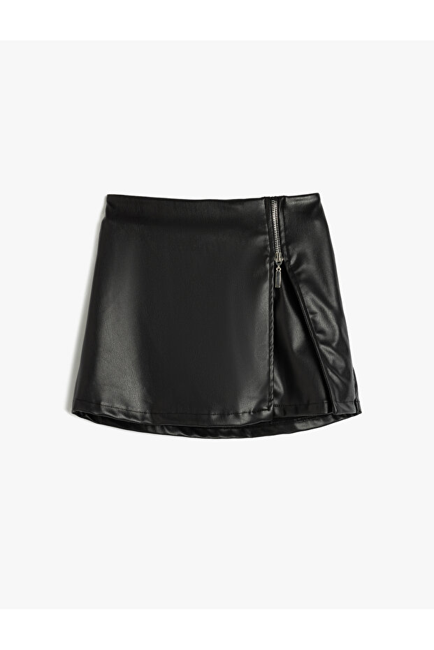 Leather Look Short Skirt with Zipper Detail