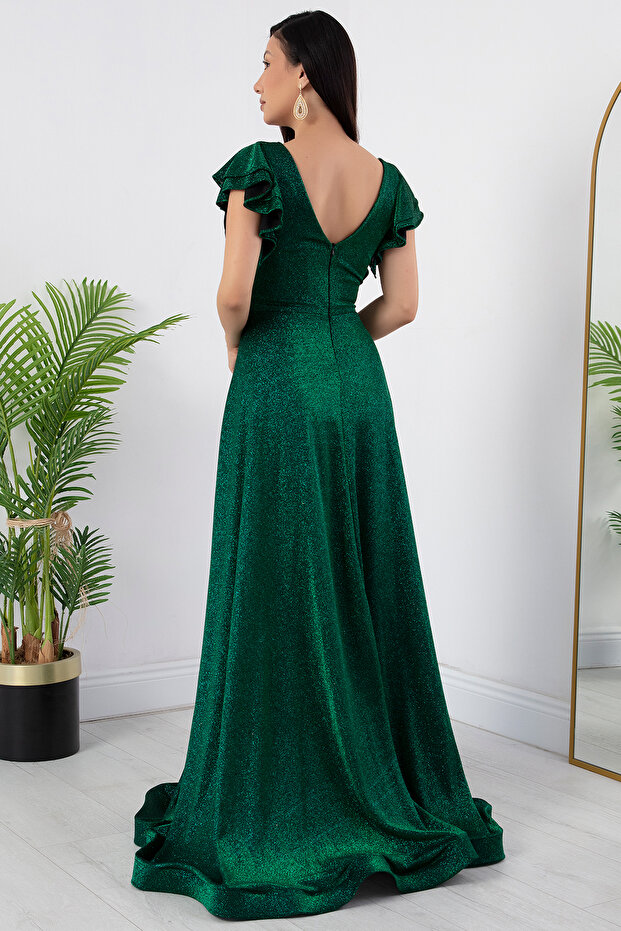 Kol Volanlı Simli Abiye Elbise 39925 - 8