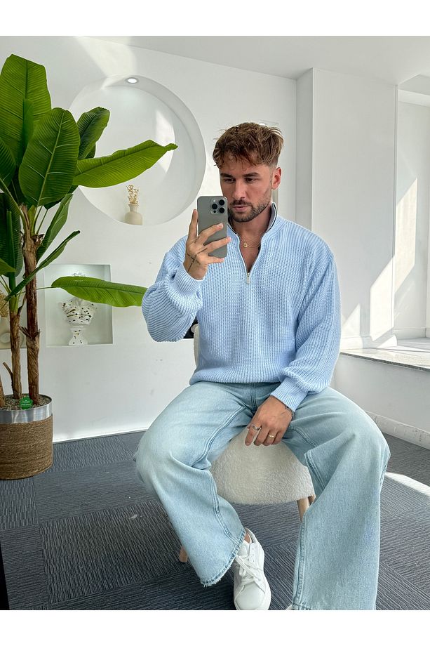Bebe Mavi Fermuarlı Oversize Örme Kazak - 3