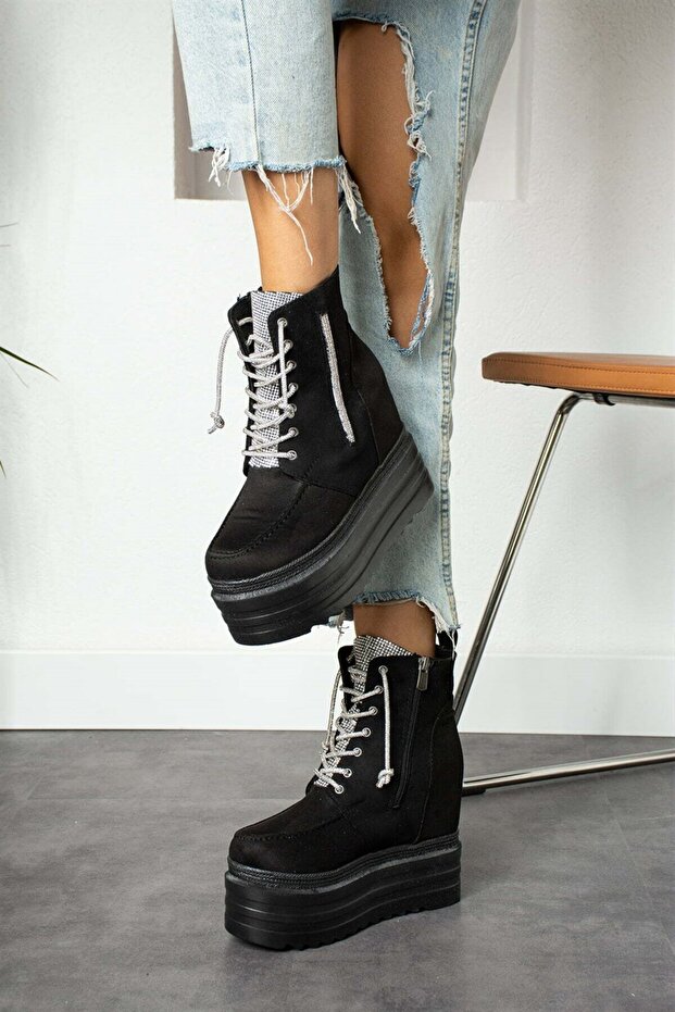 Daichi Siyah Dolgu Topuklu Taş Işlemeli Süet Bot - 3