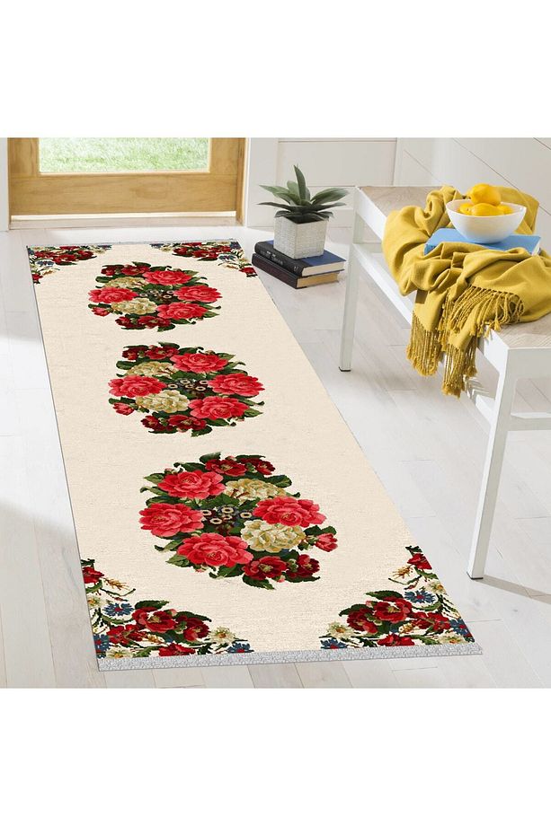 Kilim Yıkanabilir Gül Desen Kaymaz Taban Salon Koridor Mutfak Halısı Nova6015 - 2
